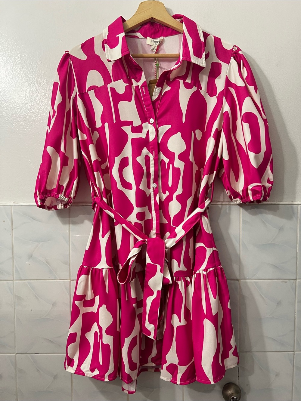 Umgee Puff Sleeve Button Up Ruffle Mini Shirt Dress S Abstract Barbie Preppy